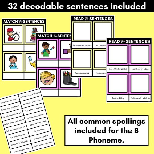Resource preview 2 for B Phoneme Decodable Sentence Mats - Read & Match