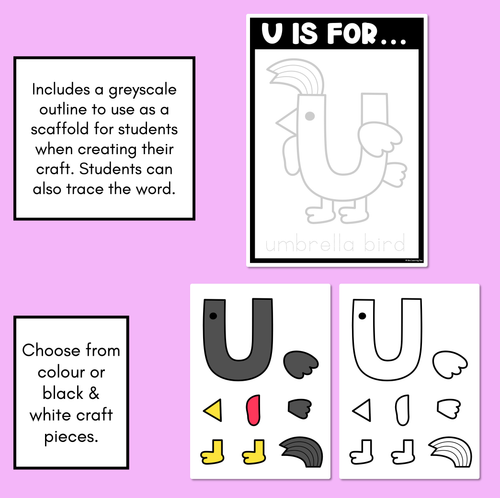 Resource preview 2 for Beginning Sound Crafts - UPPERCASE Letter U - U is for Umbrella Bird