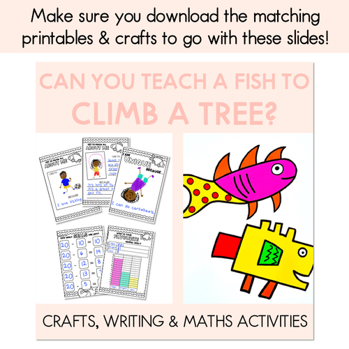 Resource preview 5 for Can You Teach A Fish To Climb A Tree - Writing, Maths & Design Prompt EDITABLE SLIDES - Book Week 2024