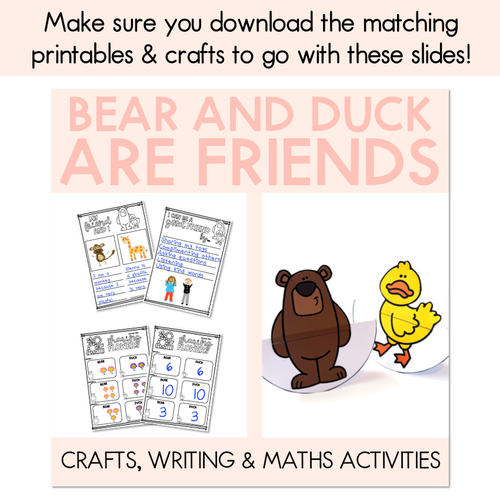 Resource preview 5 for Bear and Duck Are Friends - Writing, Maths & Design Prompt EDITABLE SLIDES - Book Week 2024