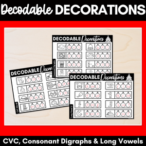 Christmas Phonics - Decodable Decorations - CVC Words, Consonant Digraphs & Long Vowels