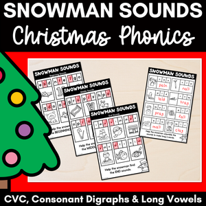 Christmas Phonics - Snowman Sounds - CVC Words, Consonant Digraphs & Long Vowels