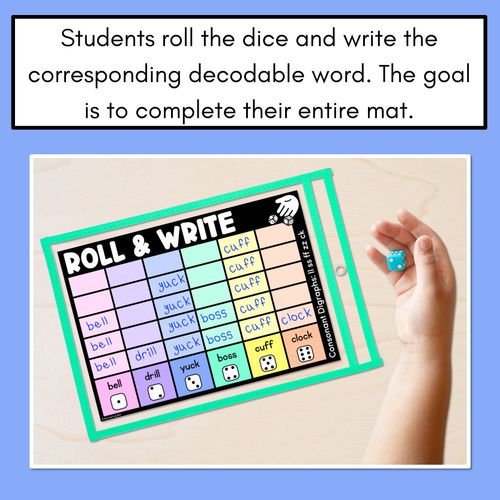 Resource preview 4 for ROLL & WRITE PHONICS ACTIVITY MATS - CONSONANT DIGRAPH LL SS FF ZZ CK words