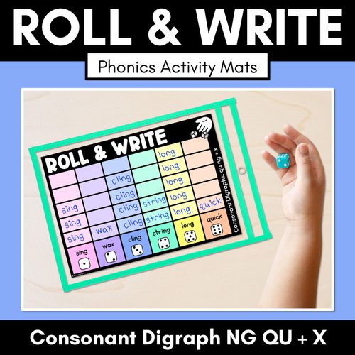 Resource preview 1 for ROLL & WRITE PHONICS ACTIVITY MATS - CONSONANT DIGRAPH NG QU and X words