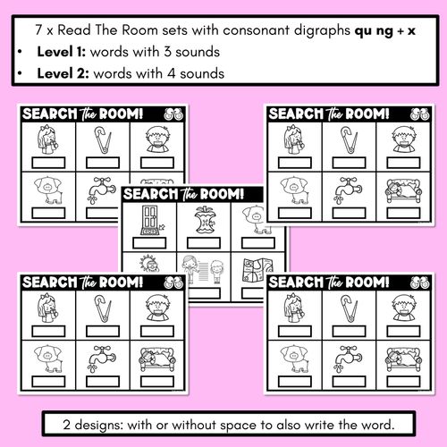 Resource preview 2 for READ THE ROOM - Decodable Words Phonics Activity - Consonant Digraph NG QU and X