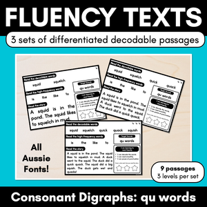 Differentiated Decodable Fluency Texts - Consonant Digraphs - qu words