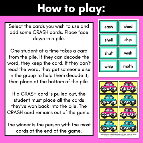 Resource preview 2 for CONSONANT DIGRAPHS CARD GAME - ch sh th wh ck ll ss ff zz qu ng - Crash Phonics Game