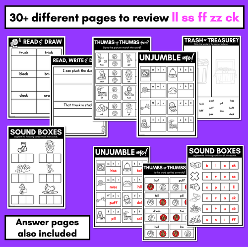 Resource preview 3 for LL SS FF ZZ CK Worksheets - PHONICS REVIEW for Consonant Digraphs