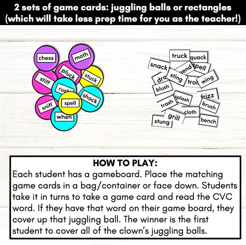 Resource preview 2 for Consonant Digraph Words Phonics Game - CLOWN TOSS Phonics Game