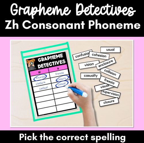 Resource preview 1 for ZH Consonant Phoneme Words Game - ZH Phoneme Decodable Words Activity - Grapheme Detectives