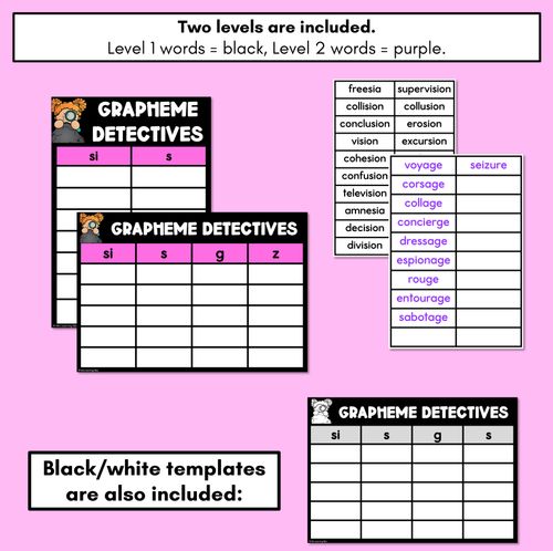 Resource preview 4 for ZH Consonant Phoneme Words Game - ZH Phoneme Decodable Words Activity - Grapheme Detectives