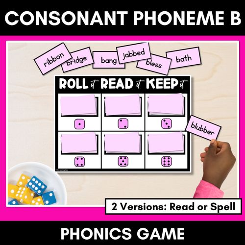 Resource preview 1 for CONSONANT PHONEME B, BB PHONICS GAME - Roll It, Read It or Spell It, Keep It