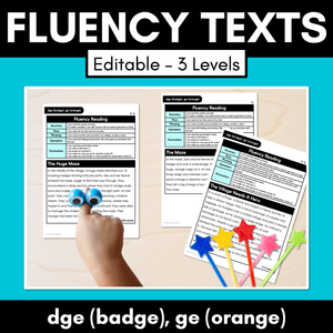 Editable Differentiated Decodable Fluency Texts - dge (badge), ge (orange)