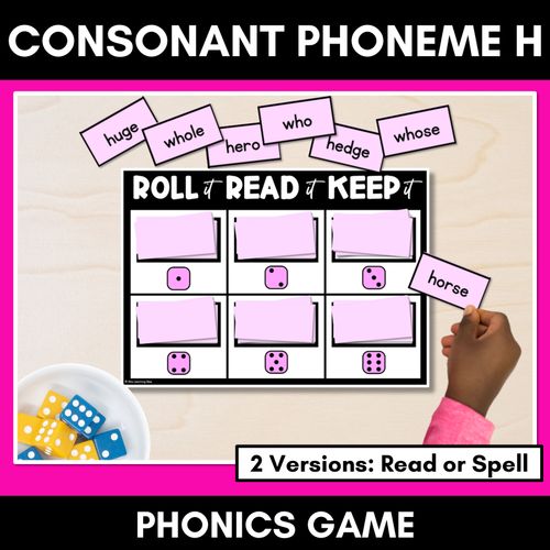 Resource preview 1 for CONSONANT PHONEME H, WH PHONICS GAME - Roll It, Read It or Spell It, Keep It