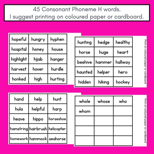 Resource preview 4 for CONSONANT PHONEME H, WH PHONICS GAME - Roll It, Read It or Spell It, Keep It