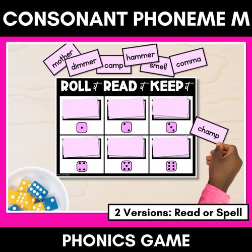 Resource preview 1 for CONSONANT PHONEME M, MM PHONICS GAME - Roll It, Read It or Spell It, Keep It