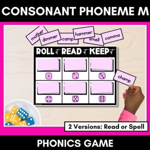 CONSONANT PHONEME M, MM PHONICS GAME - Roll It, Read It or Spell It, Keep It