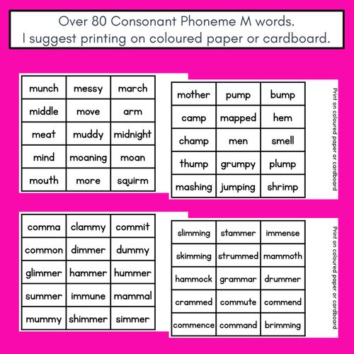 Resource preview 4 for CONSONANT PHONEME M, MM PHONICS GAME - Roll It, Read It or Spell It, Keep It