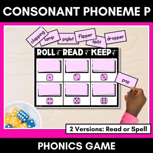 Resource preview 1 for CONSONANT PHONEME P, PP PHONICS GAME - Roll It, Read It or Spell It, Keep It