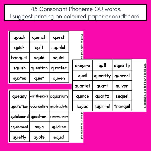 Resource preview 4 for CONSONANT PHONEME QU PHONICS GAME - Roll It, Read It or Spell It, Keep It