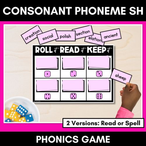 Resource preview 1 for CONSONANT PHONEME SH, TI, CI PHONICS GAME - Roll It, Read It or Spell It, Keep It