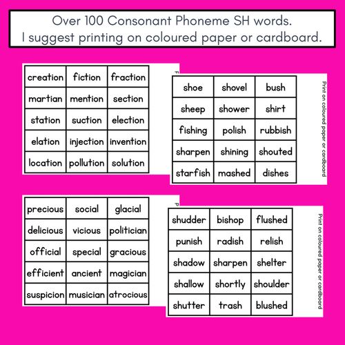 Resource preview 4 for CONSONANT PHONEME SH, TI, CI PHONICS GAME - Roll It, Read It or Spell It, Keep It