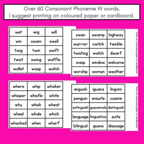 Resource preview 4 for CONSONANT PHONEME W, WH, U PHONICS GAME - Roll It, Read It or Spell It, Keep It