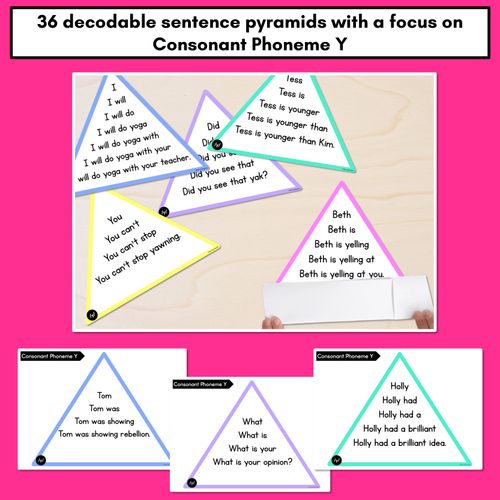 Resource preview 2 for CONSONANT PHONEME Y WORDS - Decodable Sentence Pyramids - Phonics Fluency