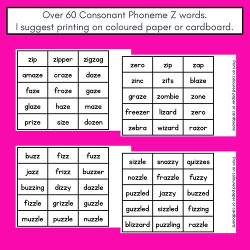 Resource preview 4 for CONSONANT PHONEME Z, ZZ PHONICS GAME - Roll It, Read It or Spell It, Keep It