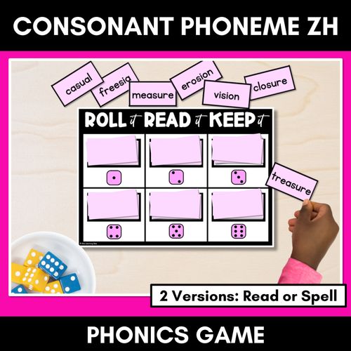 Resource preview 1 for CONSONANT PHONEME ZH, S, SI PHONICS GAME -Roll It, Read It or Spell It, Keep It