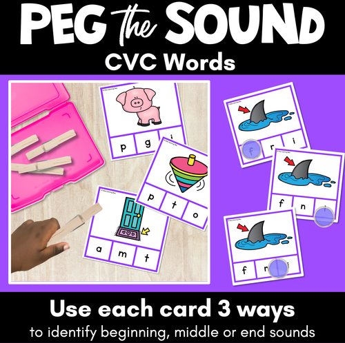 Resource preview 1 for CVC Word Clip Cards for beginning, middle and end sounds - Phonics Task Cards