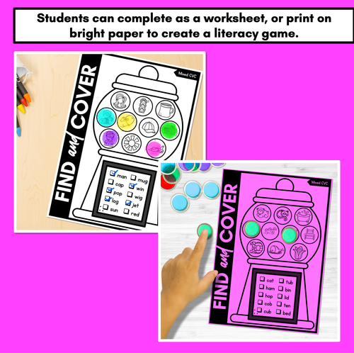 Resource preview 2 for NO PREP CVC WORD PRINTABLES - Find & Cover the CVC Words - GUMBALL THEME