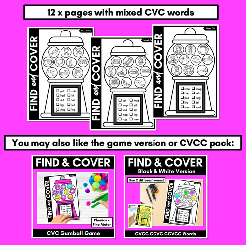 Resource preview 4 for NO PREP CVC WORD PRINTABLES - Find & Cover the CVC Words - GUMBALL THEME