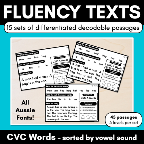 Resource preview 1 for Differentiated Decodable Fluency Texts - CVC Words - sorted by CVC A, CVC E, CVC I, CVC O & CVC U