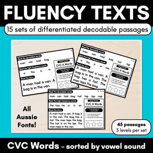 Differentiated Decodable Fluency Texts - CVC Words - sorted by CVC A, CVC E, CVC I, CVC O & CVC U