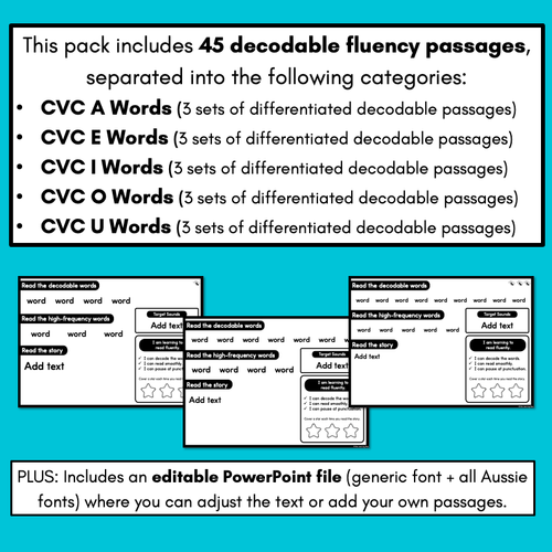 Resource preview 4 for Differentiated Decodable Fluency Texts - CVC Words - sorted by CVC A, CVC E, CVC I, CVC O & CVC U