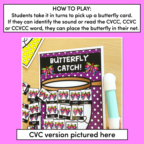 Resource preview 2 for CVCC CCVC CCVCC Words Phonics Game for Kindergarten - Butterfly Catch