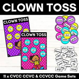 CVCC CCVC CCVCC Words Phonics Game - CLOWN TOSS Literacy Center for Kindergarten