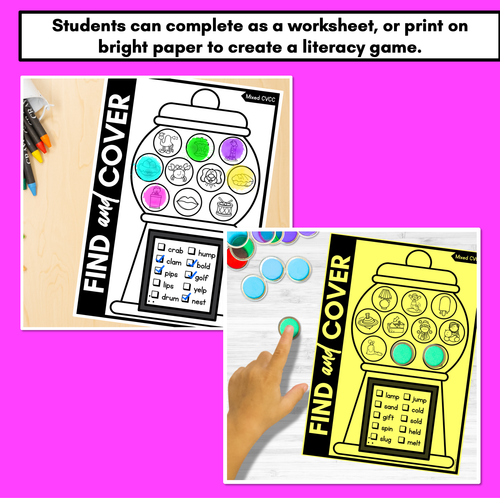 Resource preview 3 for NO PREP CVCC CCVC CCVCC WORD PRINTABLES - Find & Cover - GUMBALL THEME