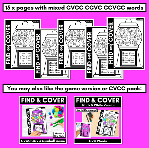 Resource preview 2 for NO PREP CVCC CCVC CCVCC WORD PRINTABLES - Find & Cover - GUMBALL THEME