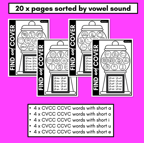 Resource preview 4 for NO PREP CVCC CCVC CCVCC WORD PRINTABLES - Find & Cover - GUMBALL THEME