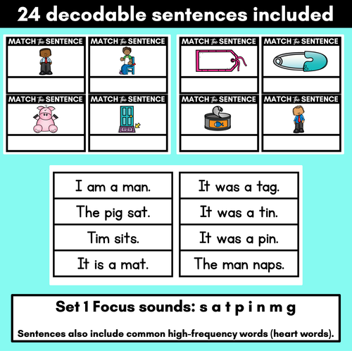 Resource preview 2 for Decodable CVC Sentences - Read and Match Set 1 - Kindergarten Phonics