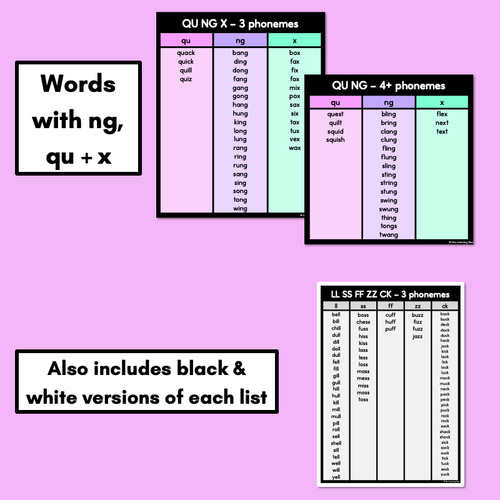 Resource preview 4 for Decodable Word Lists - Consonant Digraphs ch sh th wh ll ss ff zz zz qu ng + x