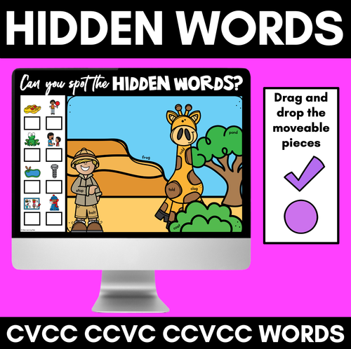 Resource preview 1 for HIDDEN CVCC CCVC CCVCC WORD SLIDES - Digital Phonics Game for Kindergarten