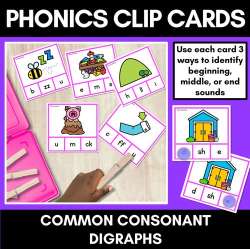 Resource preview 1 for Consonant Digraph Phonics Clip Cards for beginning, middle and end sounds