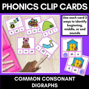 Consonant Digraph Phonics Clip Cards for beginning, middle and end sounds
