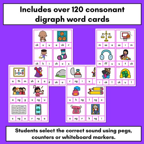 Resource preview 2 for Consonant Digraph Phonics Clip Cards for beginning, middle and end sounds
