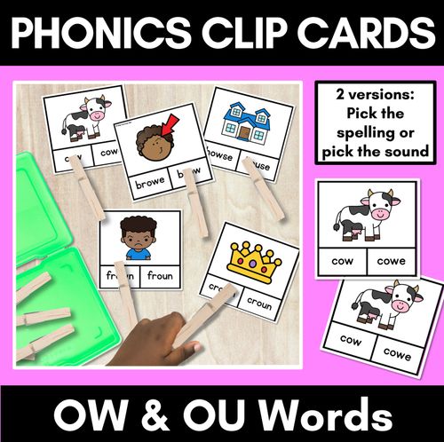 Resource preview 1 for Diphthong Clip Cards OW OU WORDS - Diphthongs Phonics Task Cards