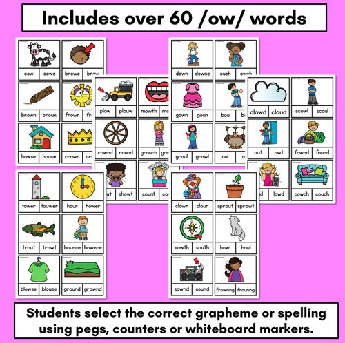 Resource preview 2 for Diphthong Clip Cards OW OU WORDS - Diphthongs Phonics Task Cards