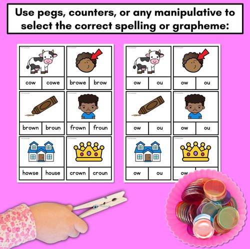 Resource preview 3 for Diphthong Clip Cards OW OU WORDS - Diphthongs Phonics Task Cards